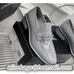 Shop Duplicate Chanel Patent Leather Loafers Grey 328076