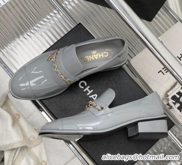 Shop Duplicate Chanel Patent Leather Loafers Grey 328076