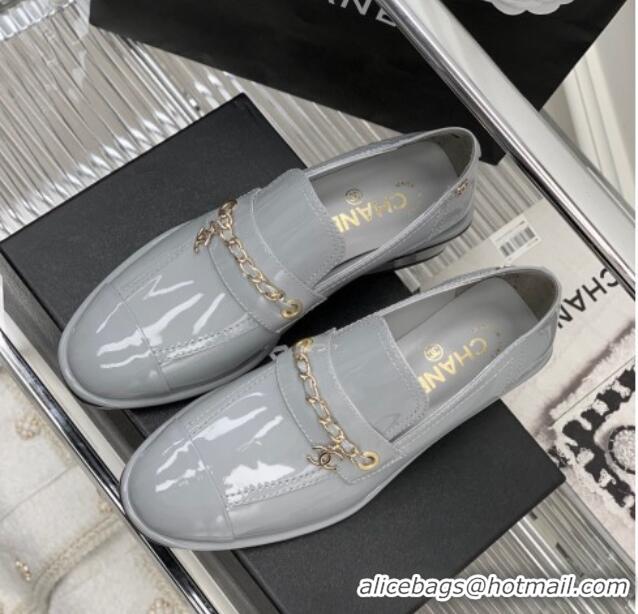 Shop Duplicate Chanel Patent Leather Loafers Grey 328076