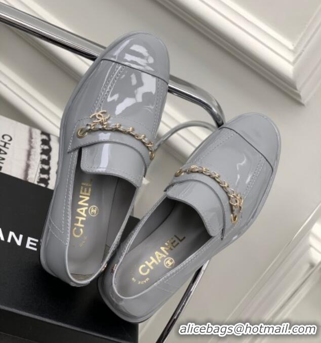 Shop Duplicate Chanel Patent Leather Loafers Grey 328076