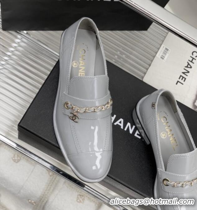 Shop Duplicate Chanel Patent Leather Loafers Grey 328076