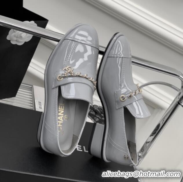 Shop Duplicate Chanel Patent Leather Loafers Grey 328076