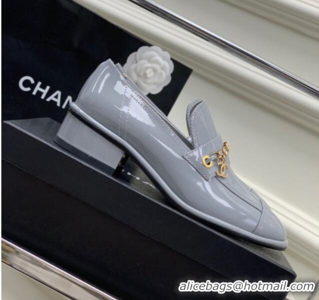 Shop Duplicate Chanel Patent Leather Loafers Grey 328076