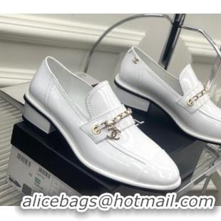 Luxury Chanel Patent Leather Loafers White 328077