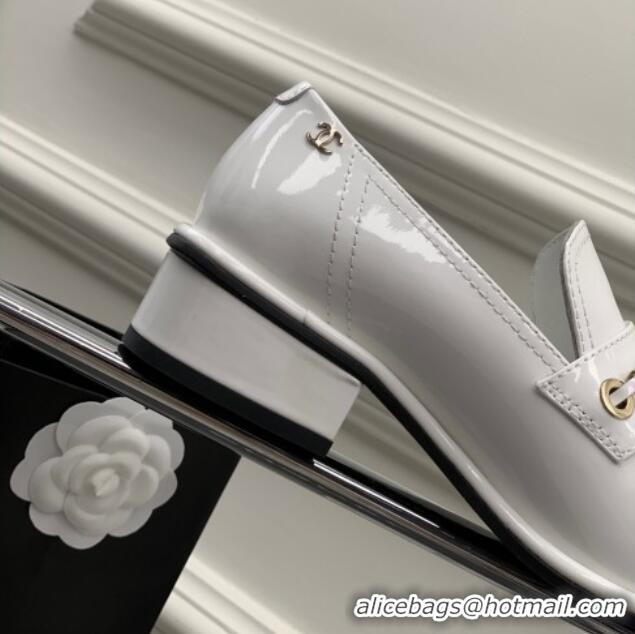 Luxury Chanel Patent Leather Loafers White 328077