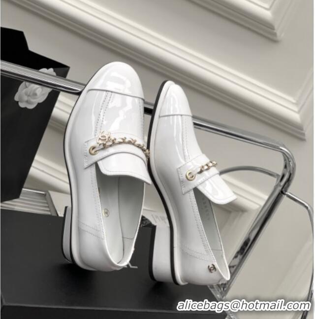 Luxury Chanel Patent Leather Loafers White 328077