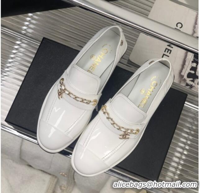 Luxury Chanel Patent Leather Loafers White 328077