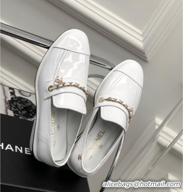 Luxury Chanel Patent Leather Loafers White 328077