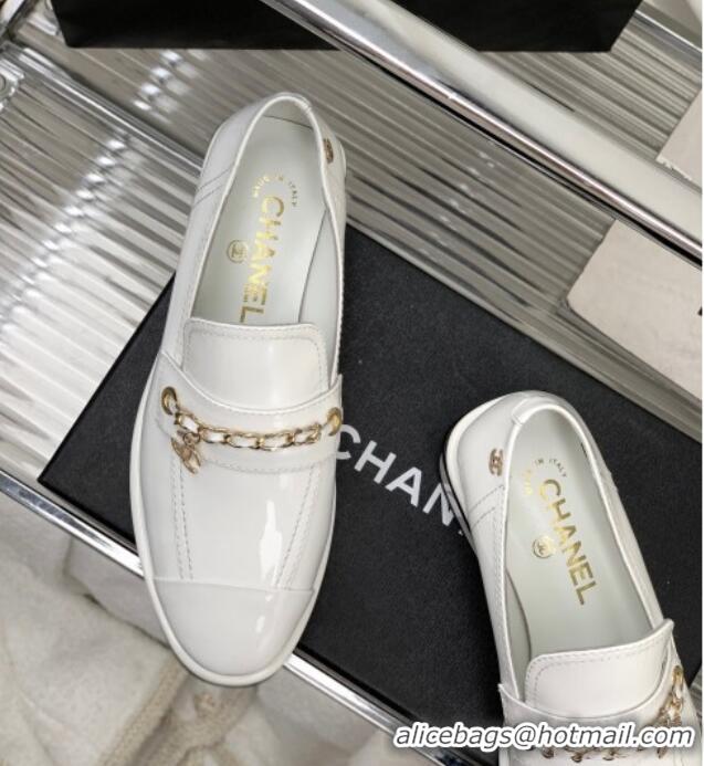 Luxury Chanel Patent Leather Loafers White 328077