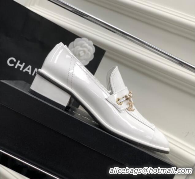 Luxury Chanel Patent Leather Loafers White 328077