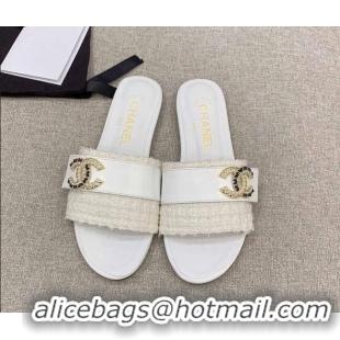 Top Design Chanel Tweed Flat Slide Sandals with Chain CC White 328080