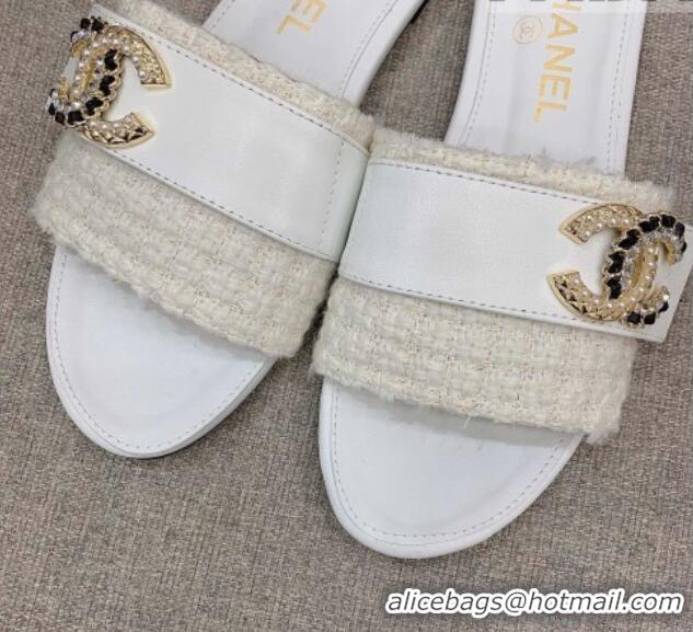 Top Design Chanel Tweed Flat Slide Sandals with Chain CC White 328080