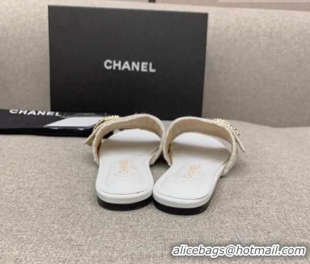 Top Design Chanel Tweed Flat Slide Sandals with Chain CC White 328080