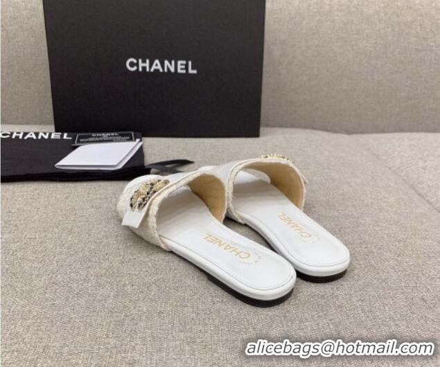 Top Design Chanel Tweed Flat Slide Sandals with Chain CC White 328080