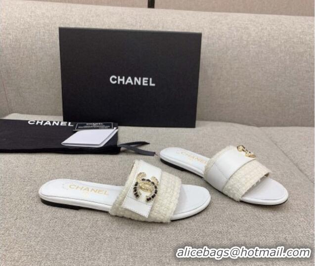 Top Design Chanel Tweed Flat Slide Sandals with Chain CC White 328080