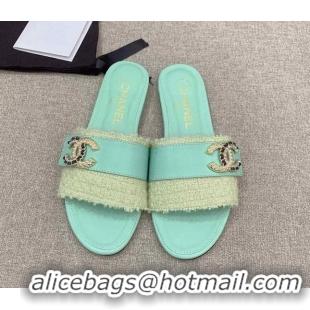 Discount Chanel Tweed Flat Slide Sandals with Chain CC Green 328081