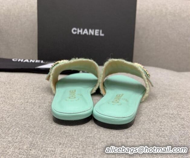 Discount Chanel Tweed Flat Slide Sandals with Chain CC Green 328081