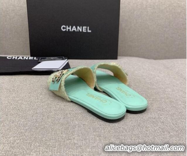 Discount Chanel Tweed Flat Slide Sandals with Chain CC Green 328081