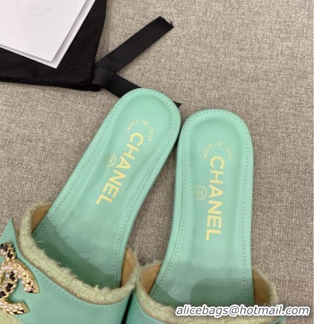 Discount Chanel Tweed Flat Slide Sandals with Chain CC Green 328081