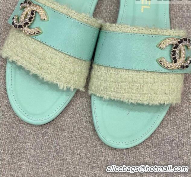 Discount Chanel Tweed Flat Slide Sandals with Chain CC Green 328081