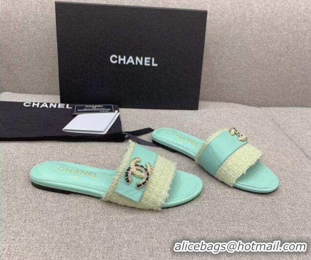 Discount Chanel Tweed Flat Slide Sandals with Chain CC Green 328081