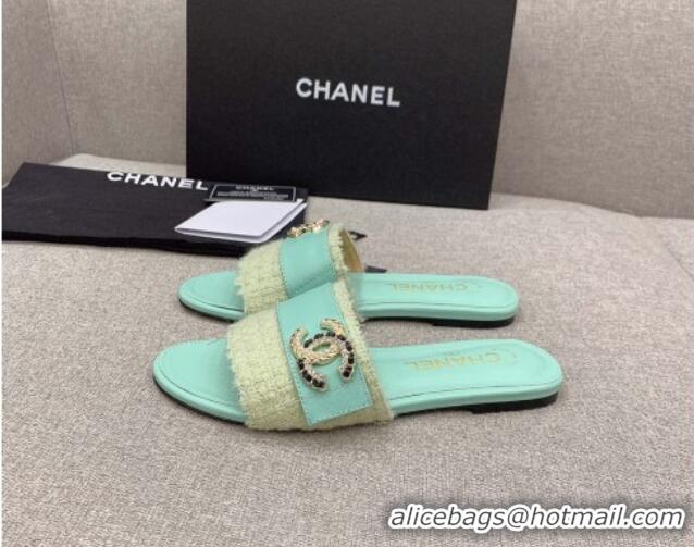 Discount Chanel Tweed Flat Slide Sandals with Chain CC Green 328081