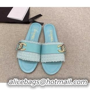 Pretty Style Chanel Tweed Flat Slide Sandals with Chain CC Blue 328082