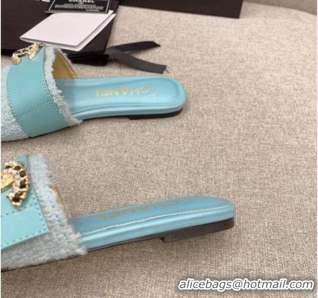 Pretty Style Chanel Tweed Flat Slide Sandals with Chain CC Blue 328082