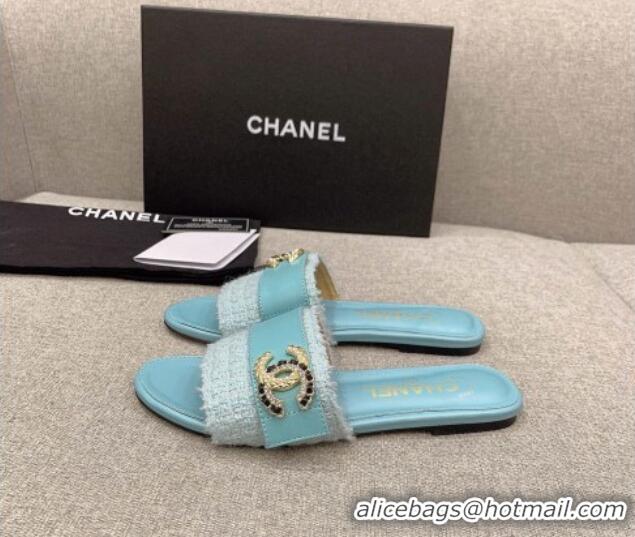 Pretty Style Chanel Tweed Flat Slide Sandals with Chain CC Blue 328082