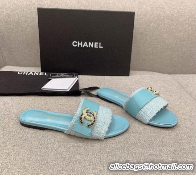 Pretty Style Chanel Tweed Flat Slide Sandals with Chain CC Blue 328082