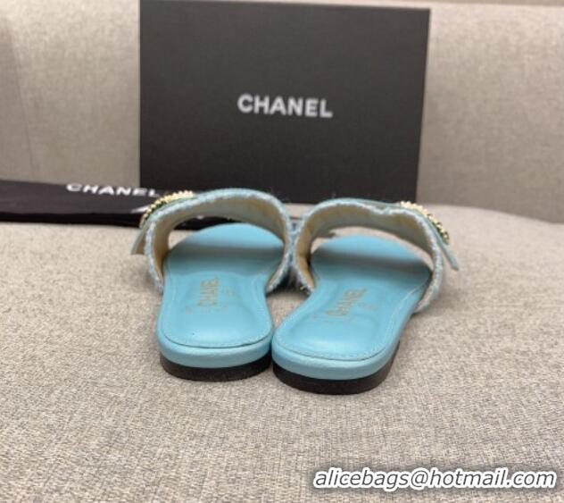 Pretty Style Chanel Tweed Flat Slide Sandals with Chain CC Blue 328082