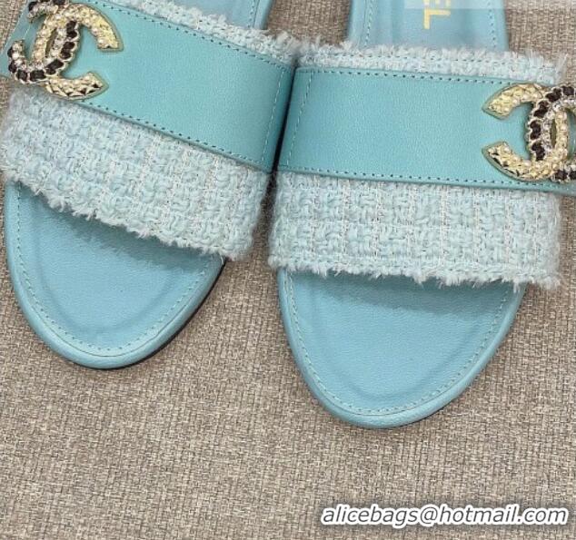 Pretty Style Chanel Tweed Flat Slide Sandals with Chain CC Blue 328082