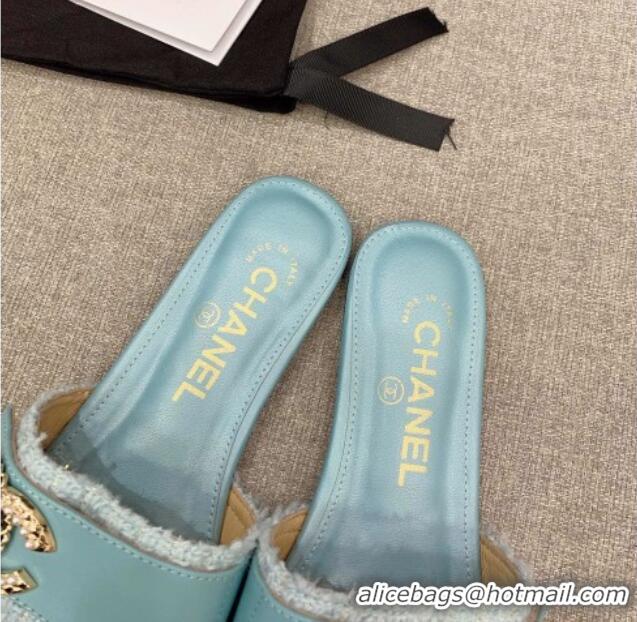 Pretty Style Chanel Tweed Flat Slide Sandals with Chain CC Blue 328082