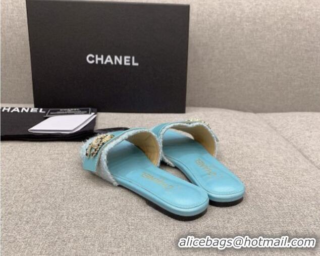 Pretty Style Chanel Tweed Flat Slide Sandals with Chain CC Blue 328082