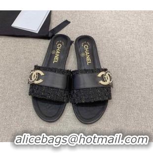 Best Product Chanel Tweed Flat Slide Sandals with Chain CC Black 328083