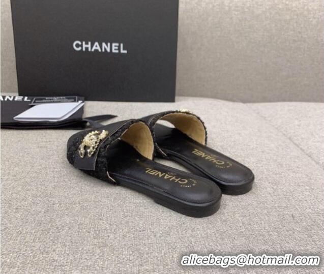 Best Product Chanel Tweed Flat Slide Sandals with Chain CC Black 328083