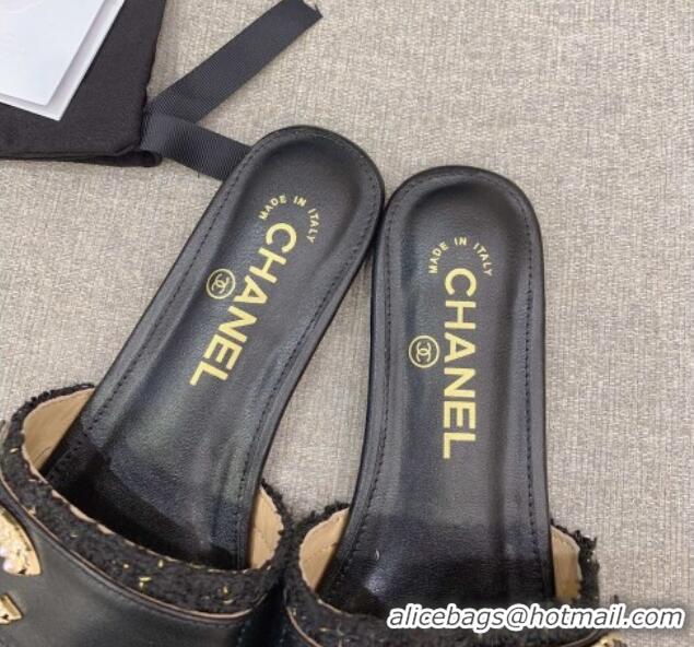 Best Product Chanel Tweed Flat Slide Sandals with Chain CC Black 328083