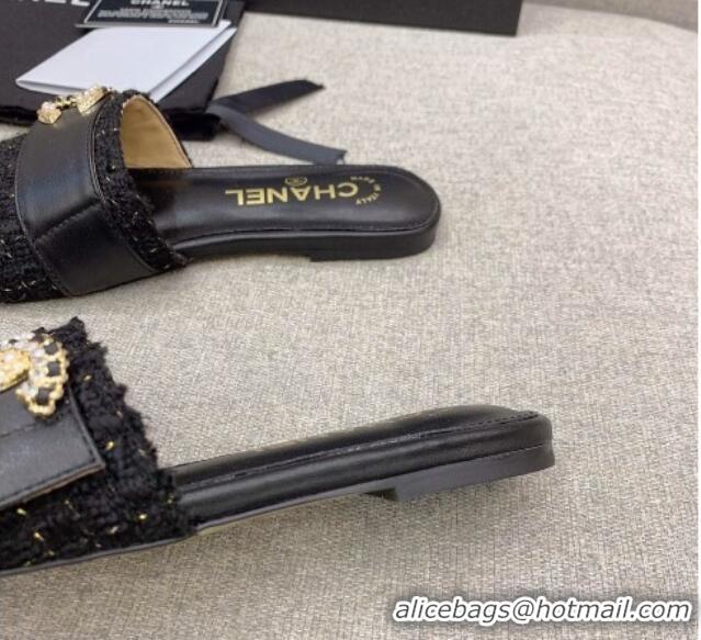 Best Product Chanel Tweed Flat Slide Sandals with Chain CC Black 328083