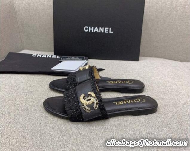 Best Product Chanel Tweed Flat Slide Sandals with Chain CC Black 328083