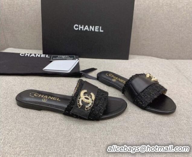 Best Product Chanel Tweed Flat Slide Sandals with Chain CC Black 328083