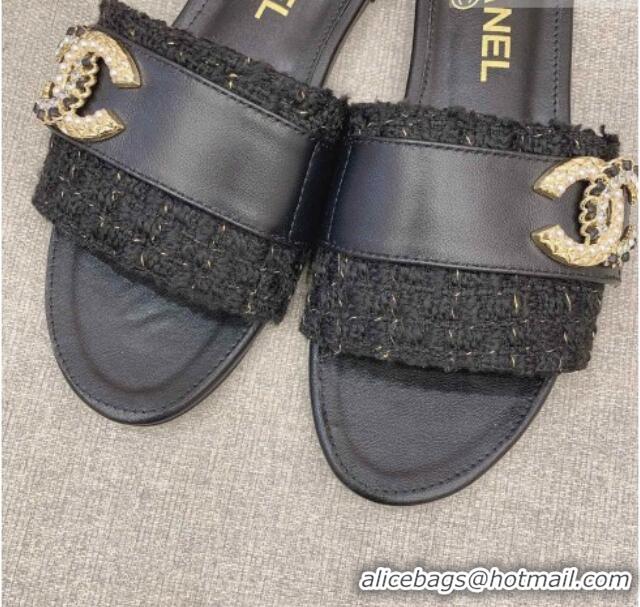 Best Product Chanel Tweed Flat Slide Sandals with Chain CC Black 328083