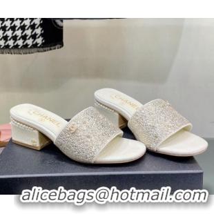 Top Grade Chanel Crystals Heel Slide Sandals with Pearls 5cm White 328084