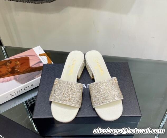 Top Grade Chanel Crystals Heel Slide Sandals with Pearls 5cm White 328084