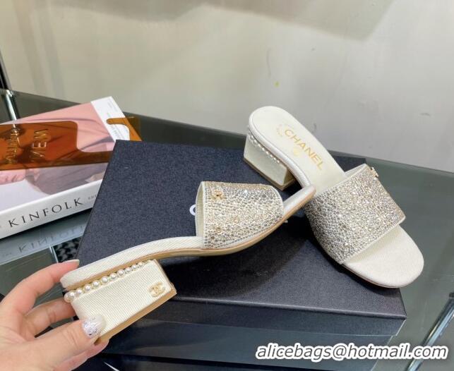 Top Grade Chanel Crystals Heel Slide Sandals with Pearls 5cm White 328084