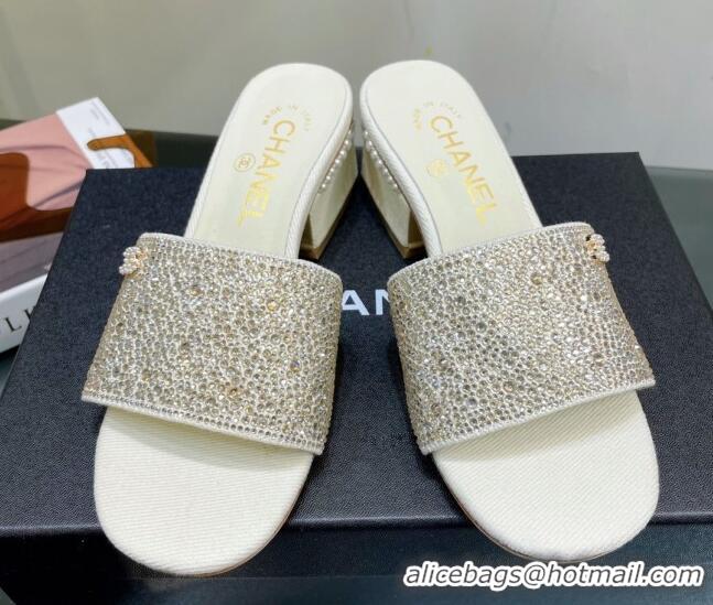 Top Grade Chanel Crystals Heel Slide Sandals with Pearls 5cm White 328084