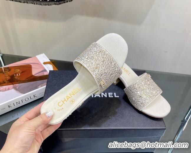 Top Grade Chanel Crystals Heel Slide Sandals with Pearls 5cm White 328084