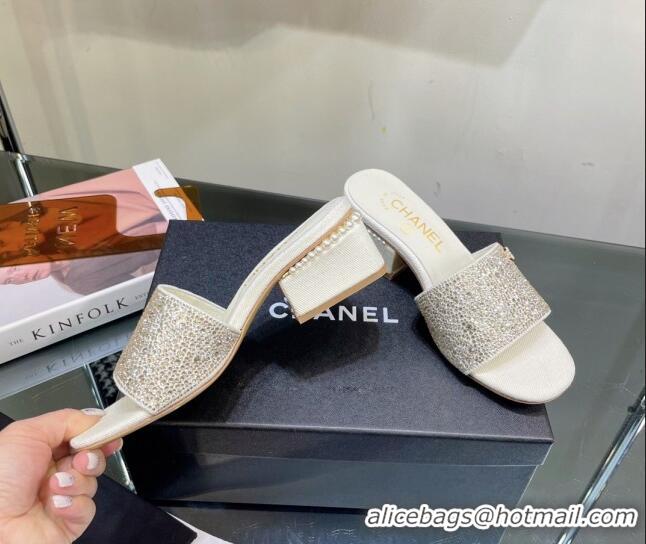 Top Grade Chanel Crystals Heel Slide Sandals with Pearls 5cm White 328084