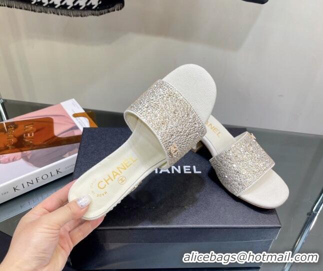 Top Grade Chanel Crystals Heel Slide Sandals with Pearls 5cm White 328084