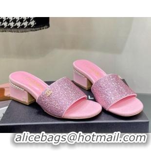 Best Grade Chanel Crystals Heel Slide Sandals with Pearls 5cm Pink 328085