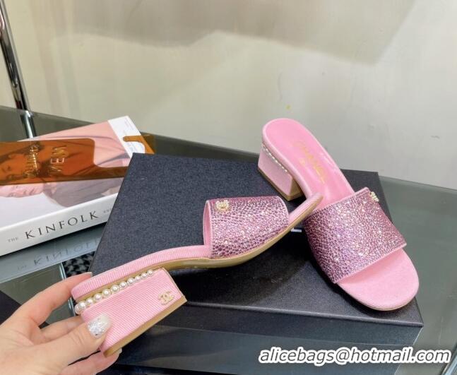 Best Grade Chanel Crystals Heel Slide Sandals with Pearls 5cm Pink 328085